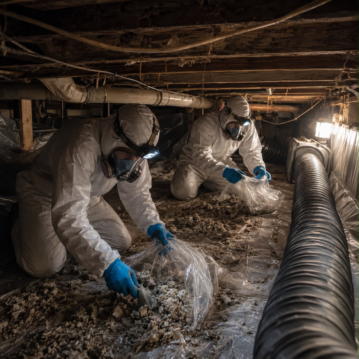 Certified asbestos abatement team removing asbestos ceiling materials inside containment